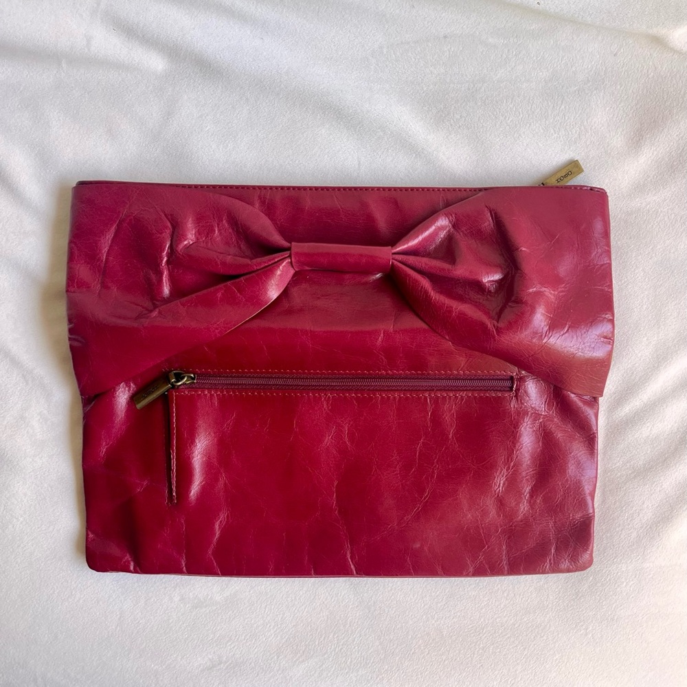 HOBO International Leather Bow Clutch Purse in Pink Red Fuchsia - Picture 5 of 11